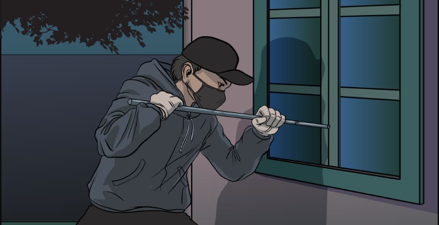 Illustration of burglar forcing entry through a window in West Lafayette