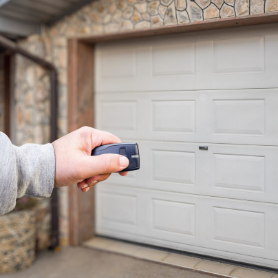 West Lafayette security key fob pointing to a garage door